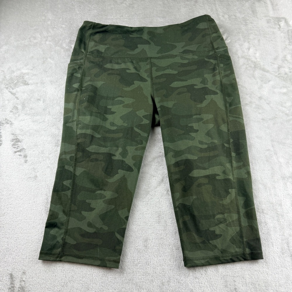 DSG Womens Green Camo Capri Leggings Large High Rise Athletic Yoga Pants Pockets